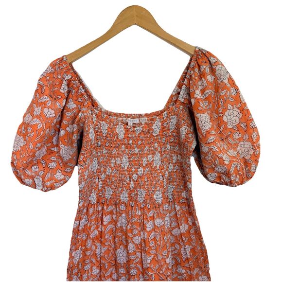 Anna Cate Maxi Dress M Orange Floral Puff Sleeve Smocked Tiered Cotton Boho - Picture 8 of 12